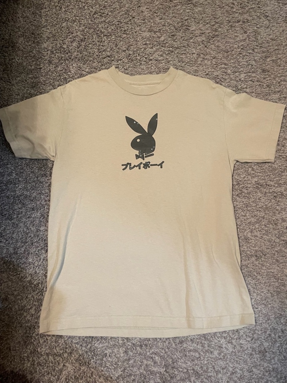 PLAYBOY Taupe Tee with Black Print and Red-Head Bunny Art